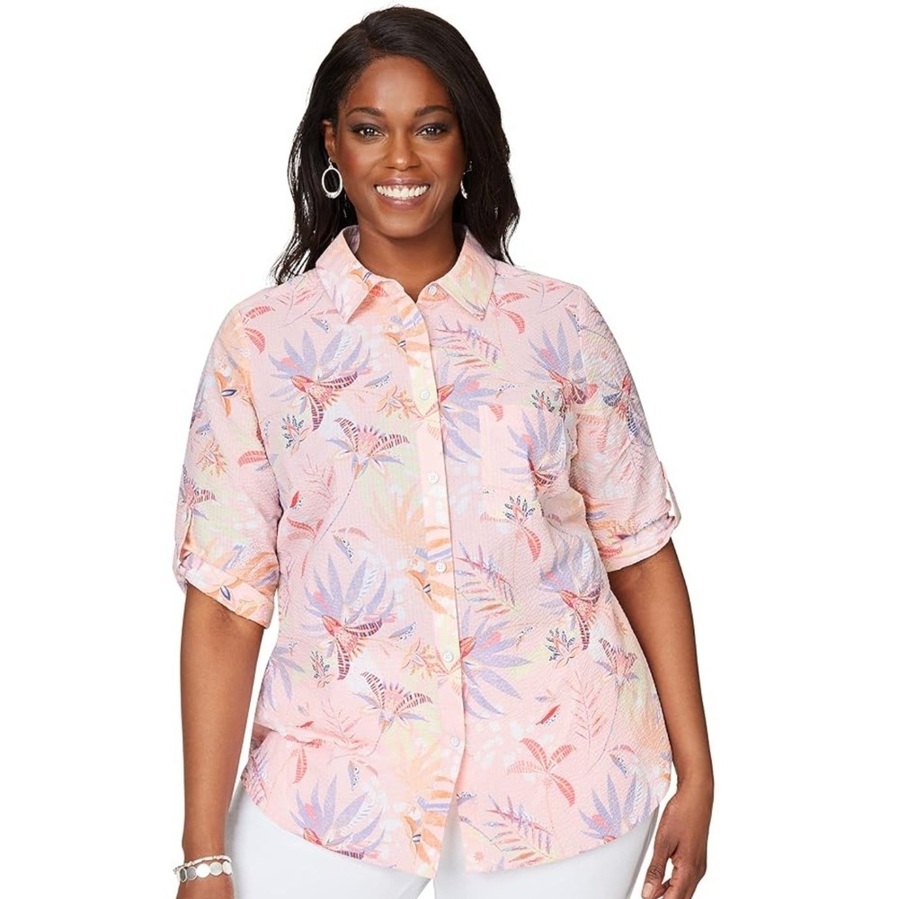 Foxcroft Women's size 18W Resortwear Tropical ¾ Paradise Seersucker Button Shirt